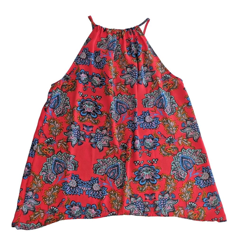 womens fun red patterned evening wear hi Neck Tank tops versatile floral layerab